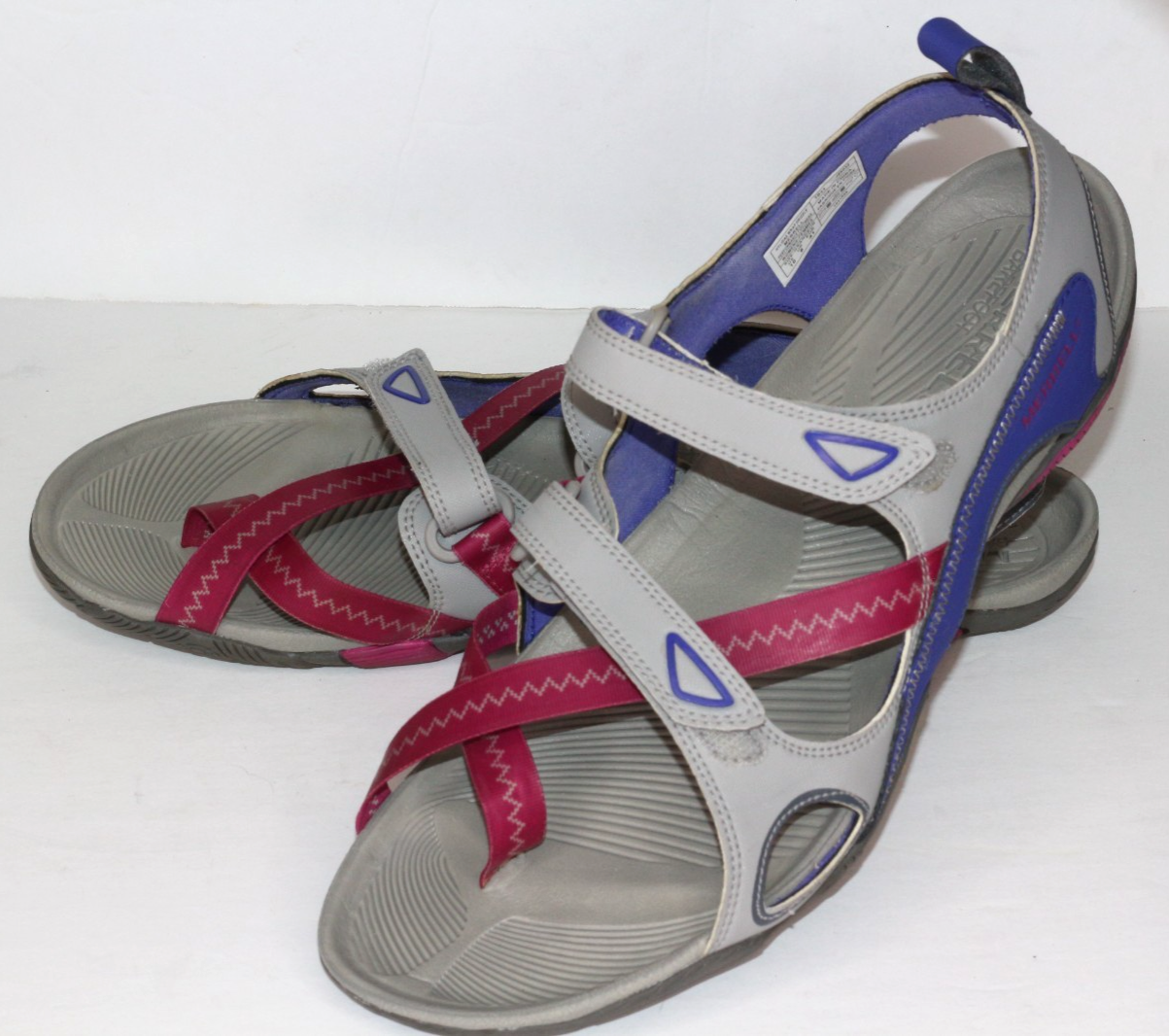 Merrell sandalo donna taglia 10 Hylidae avvolgente grigio viola suola Vibram leggero