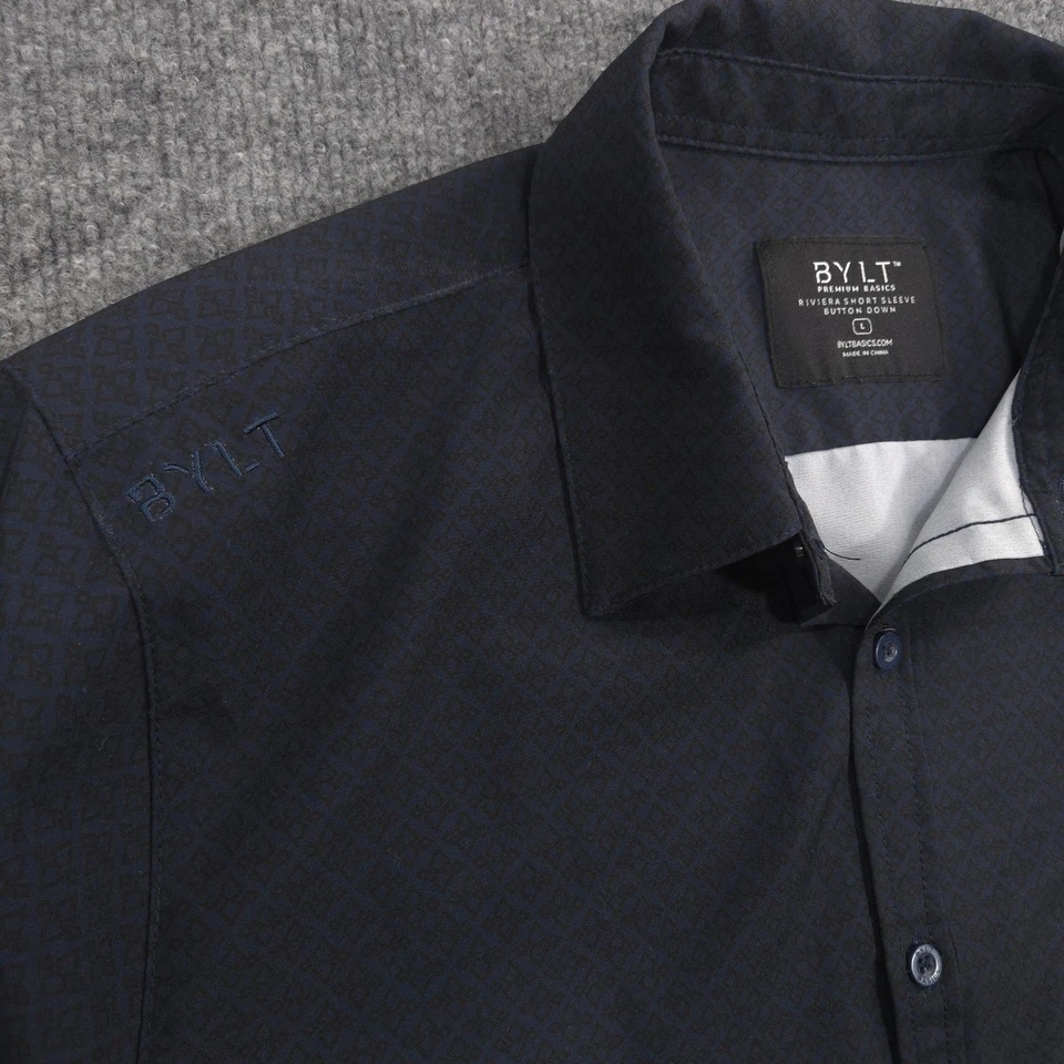 BYLT Riviera Shirt Mens L Navy Black Geometric Performance Short Sleeve Casual - Image 3 of 4