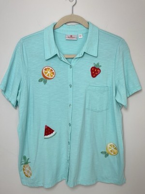 Quacker Factory Women's Cutie Fruity Beaded Embroidered Polo Shirt XL Summer