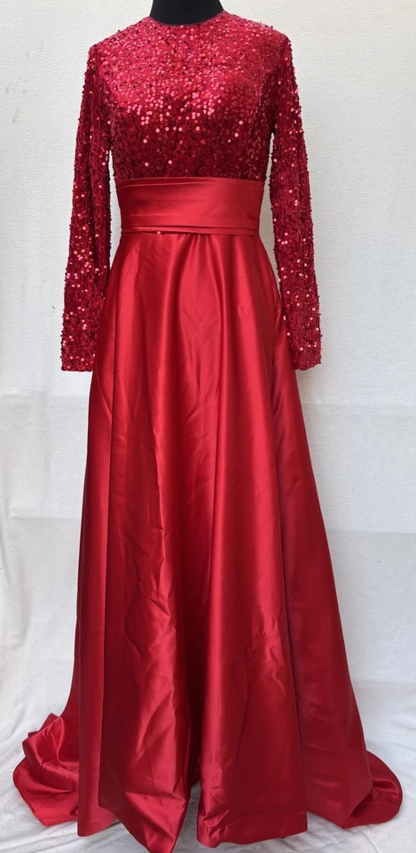 Women's Sparkly Sequin Long Sleeve Dresses Scoop Neck with Sweep Train Sz 4 NEW