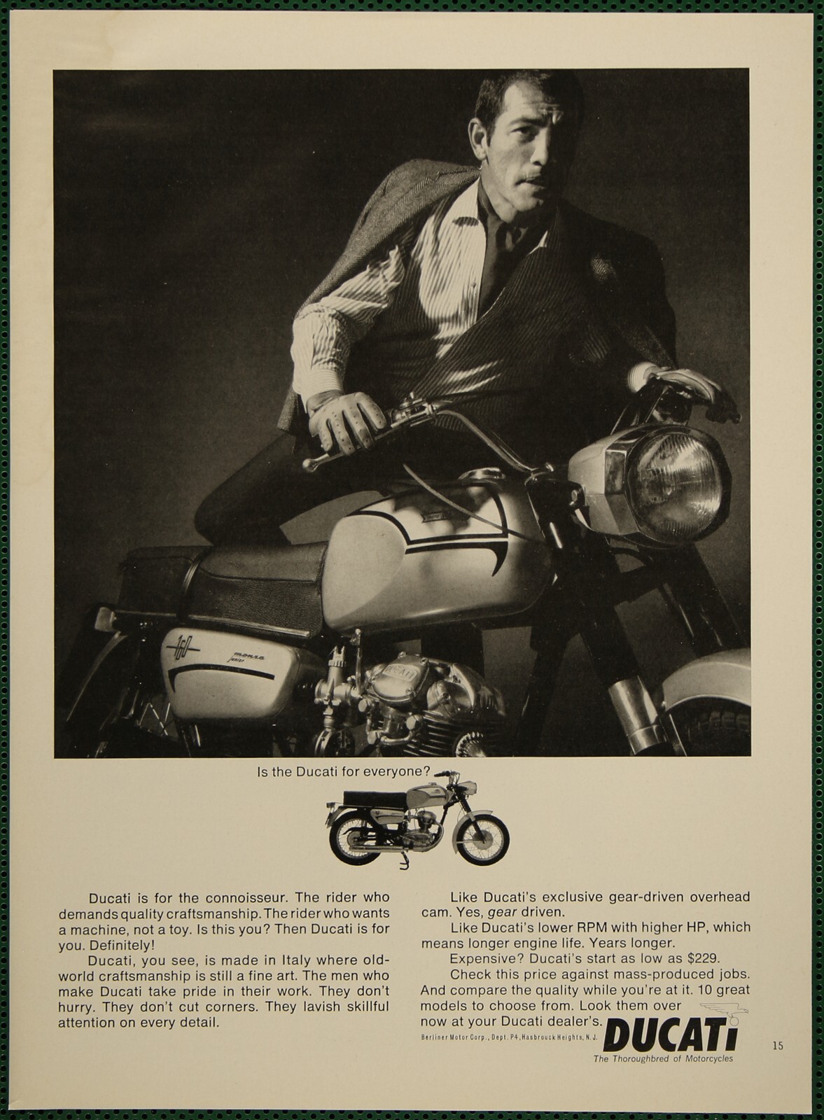 Vintage 1966 Ducati Motorcycle Ad for Discerning Riders Italy