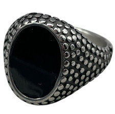 ANELLO PIETRA NERA OVALE LISCIA UOMO DONNA DECORATO A PUNTI AI LATI ACCIAIO INOX