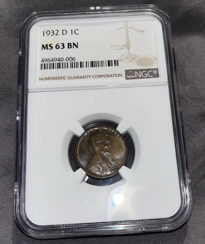 1932 D Lincoln Wheat Penny NGC MS 63 BN, Low Mintage. (10,500,000)