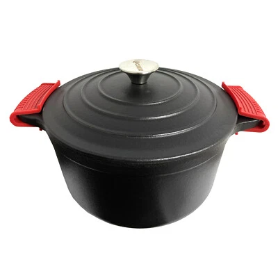Gusseisen-Bräter mit Deckel Schwarz Ø 24 cm 4,2 l mit Silikon Griffe Schmortopf - Bild 1 von 4