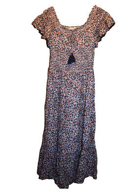 Tory Burch Wildflower Tiered Off Shoulder Smoked Navy Pipping Midi Dress XS $498