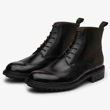 Handmade Men Black Wingtip Brogue Leather Lace Up Dress Boots, Biker Boots
