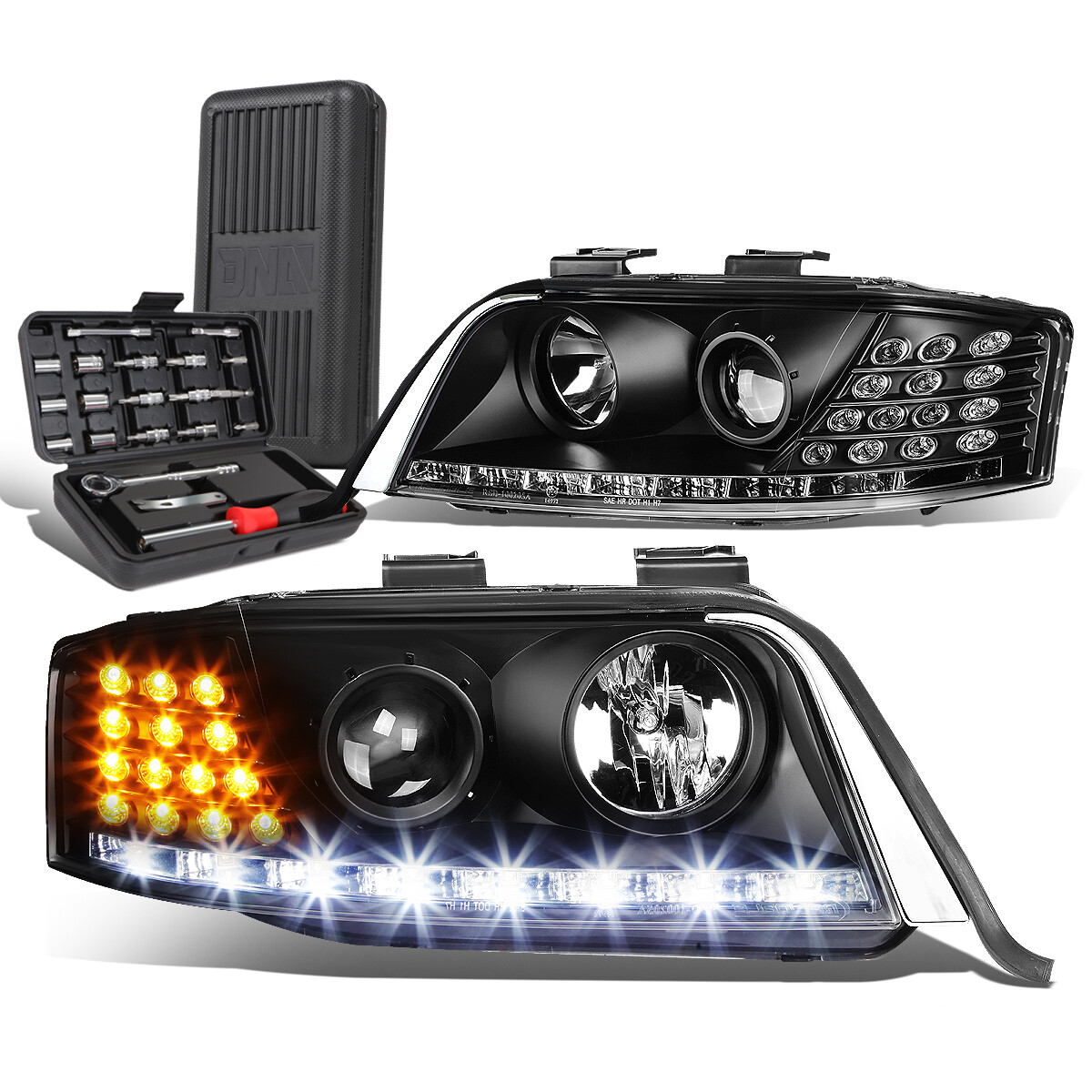 For 1998-2001 Audi A6 Quattro LED Trun Signal Black Projector Headlight+Tool Box