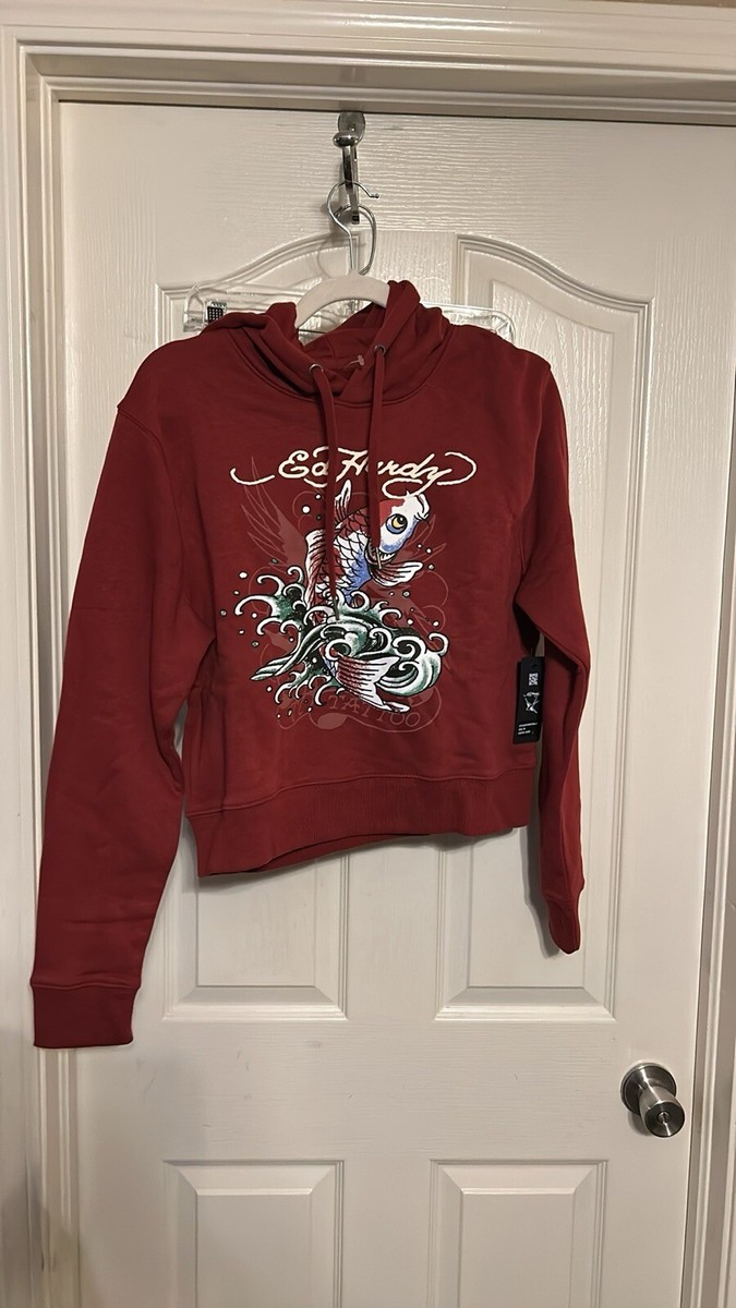 Ed Hardy Retro Koi Fish Graphics Maroon Cropped Woman's