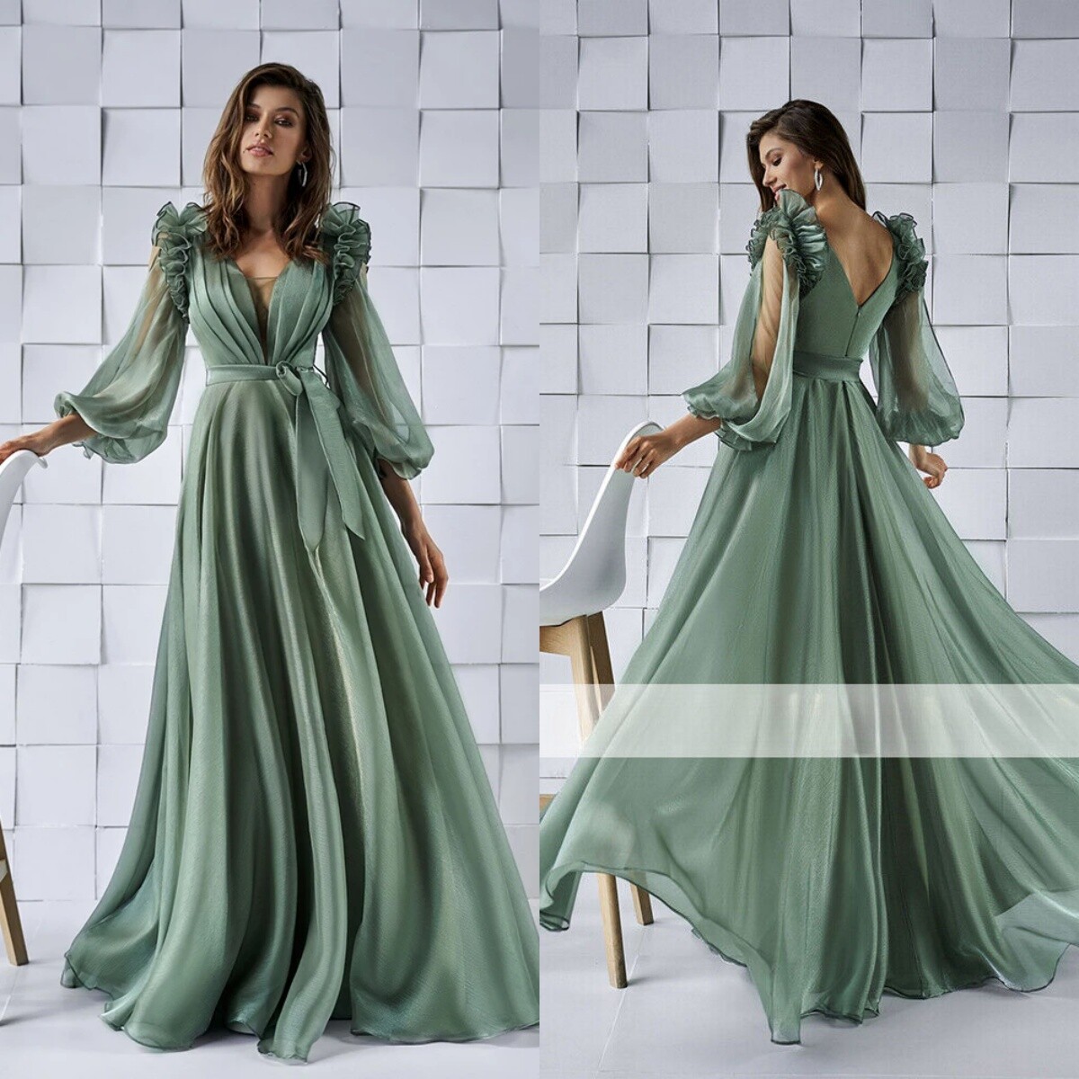Elegant A-Line Evening Dresses V-Neck Puff Sleeves Ruffles Train Party Prom Gown Elegant A-Line Evening Dresses V-Neck Puff Sleeves Ruffles Train Party Prom Gown