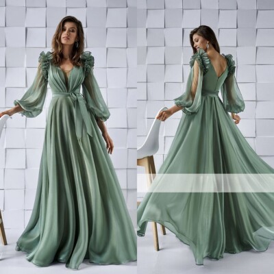 Elegant A-Line Evening Dresses V-Neck Puff Sleeves Ruffles Train Party Prom Gown | eBay Elegant A-Line Evening Dresses V-Neck Puff Sleeves Ruffles Train Party Prom Gown | eBay