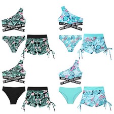 Girls Swimsuit Hooded Set Criss Cross Swimwear Side Briefs Fashion Shorts Pool