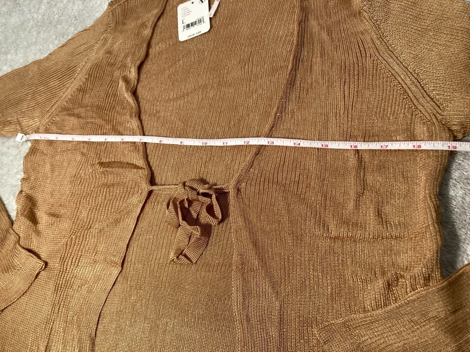 Free People Womens Marlena Tie Front Fine Knit Cardigan Sable Gold Size L - Image 3 of 4