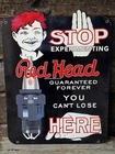 VINTAGE STOP EXPERIMENTING RED HEAD SPARK PLUG PORCELAIN SIGN 24"X 19"