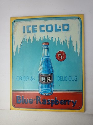 Vintage Ice Cold Crisp And Delicious Blue Raspberry Wood Cola Sign 17x14x1in