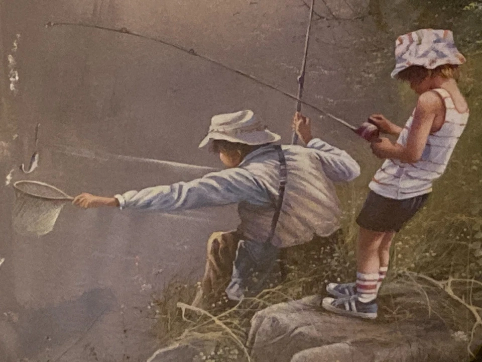 Cuadro de pesca de río hombre y niño de colección enmarcado 22" x 18" Foto 2 de 4