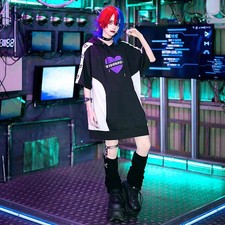  Listen Flavor  Black Fuzzy Heart Panel Short Sleeve Hoodie