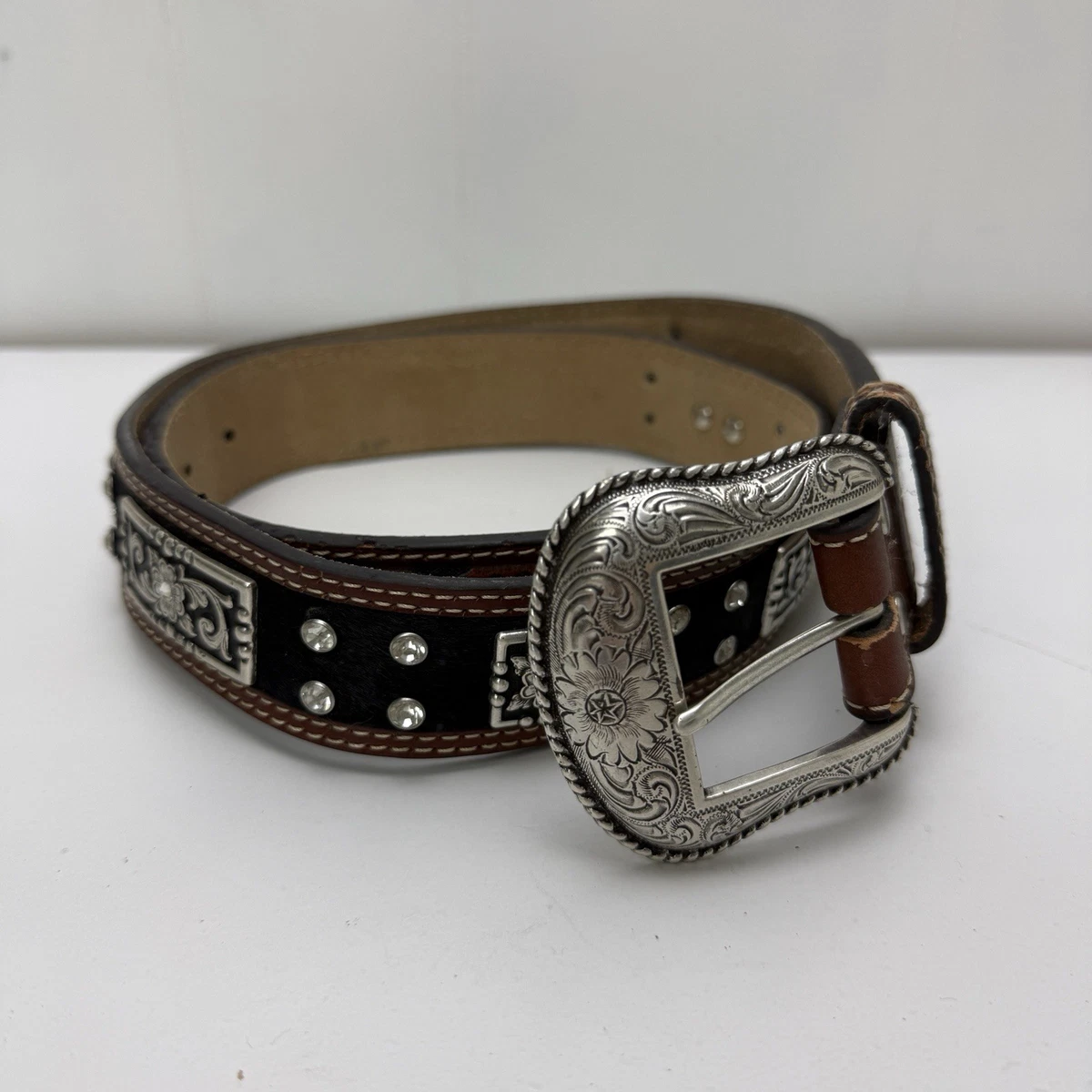 NOCONA 36 K643 Concho Belt Silver Gold Leather Belt VTG No Buckle Nocona Men main image 3