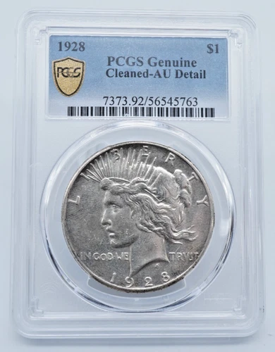 1928-P Peace Silver Dollar PCGS Genuine Cleaned AU Detail Gold Shield  - T288