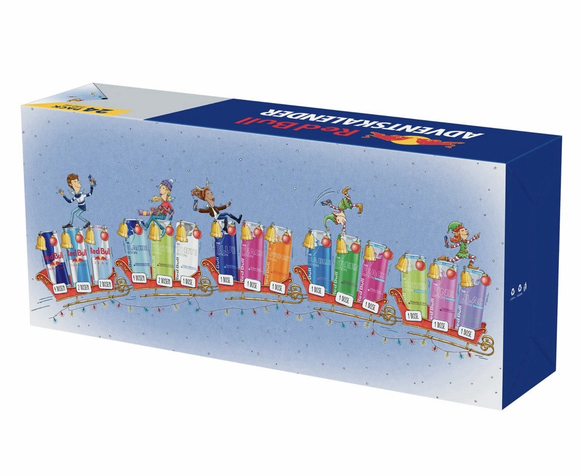 Red Bull Adventskalender 2026 Rückseite und Sorten