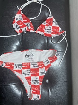 Coca-Cola Women s 2-Piece Bikini Set Triangle Halter Red/White Check M