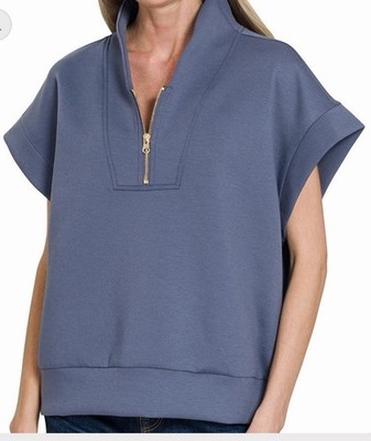 Zenana Women s Size L/XL High Neck Half Zip Short Sleeve Pullover In Blue Indigo