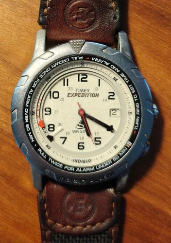 Timex Expedition Indiglo Wr50 Mens Date Alarm Watch Vintage Silver NEEDS BATTERY