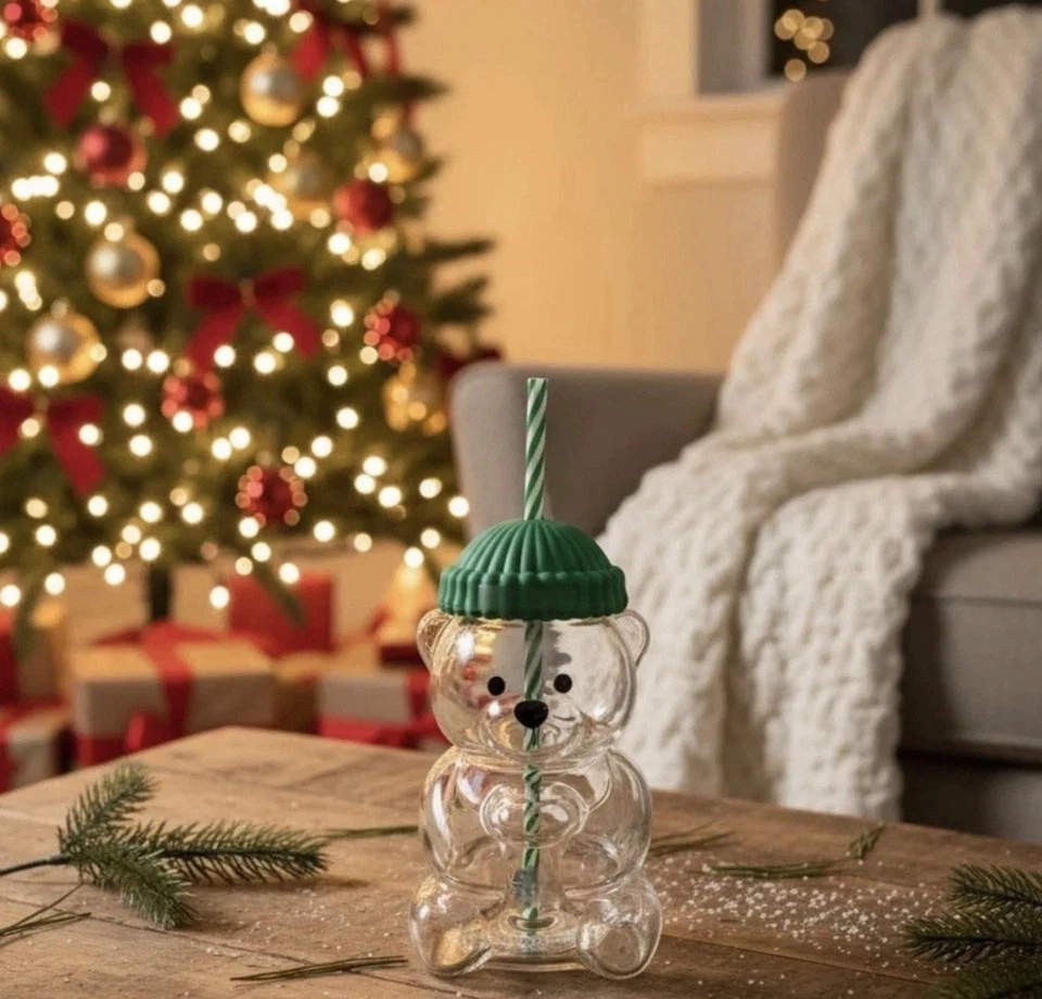 2025 Праздник новый стеклянный медведь холодной чашки с соломой 20 унций кружка банка кофе других производителей - Изображение 4 из 4