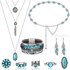 Geyoga 9 Pcs Bohemian Turquoise Jewelry Set Western Jewelry Turquoise