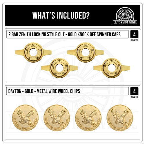 Dayton Eagle Gold Wire Wheel Chips with Gold Knockoff Spinner Caps, Set of 4 - Picture 43 of 60