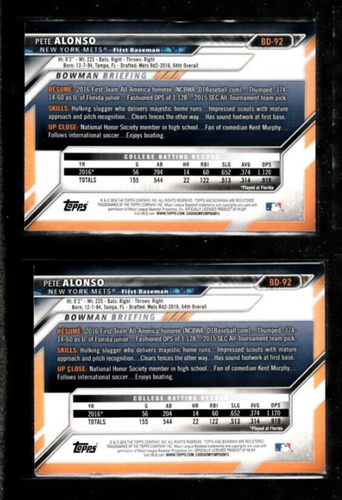 (2) 2016 Bowman Draft Rookie Lot #BD92 PETE ALONSO New York Mets - Picture 2 of 2