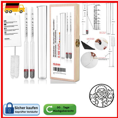 Notimin Alkoholmeter Aräometer | 0-100 Vol% Messung | Glas Zylinder + Pi...