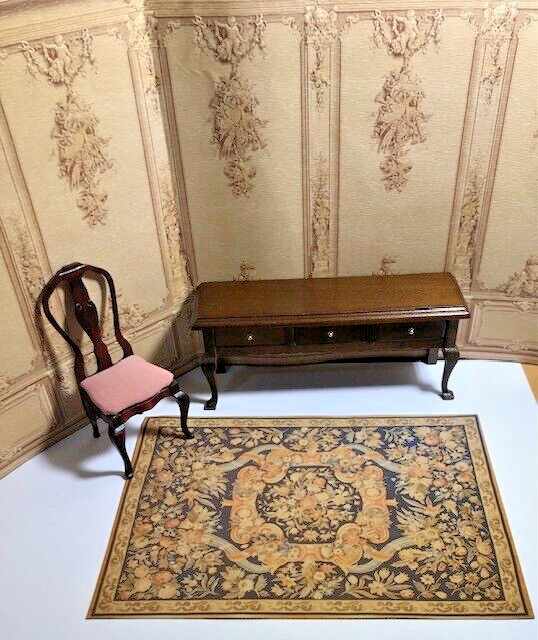 Charming dollhouse miniature navy and tan French Aubusson rug - 7.5" X 5.25"