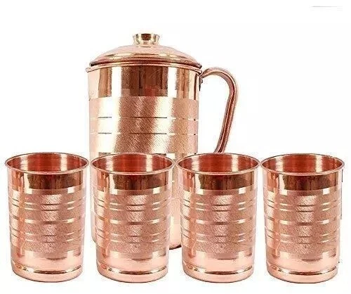 100% Pure Copper Water Jug Pitcher With Tumbler Glass Ayurveda Benefits Set Of 5 - Picture 1 of 3