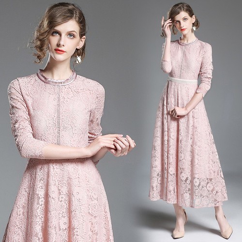 Elegante vestito abito scampanato romantico rosa pizzo lungo slim morbido  4824 | eBay