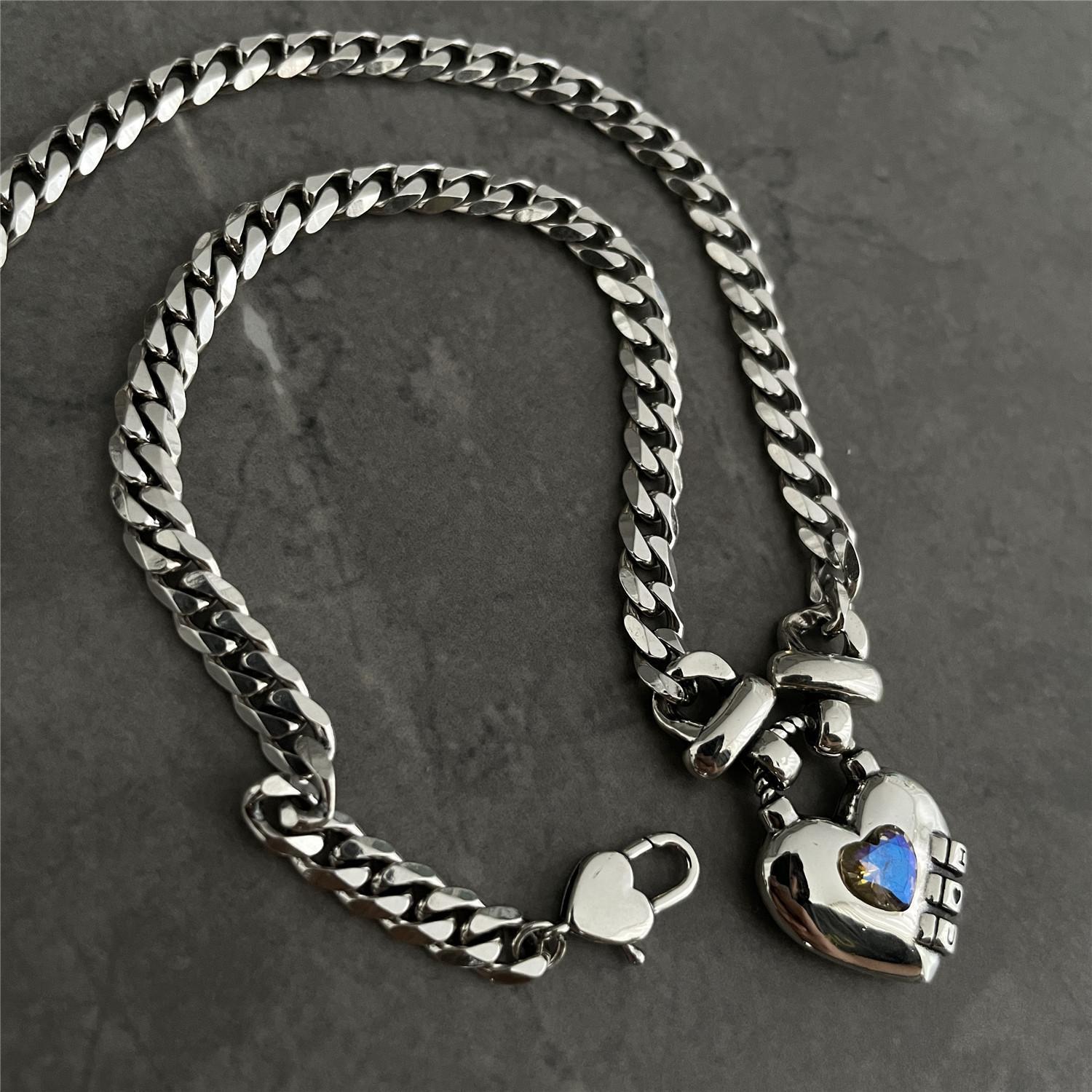 Romantic Multicolor Heart Necklace in Modern Stainless Steel Link Design  