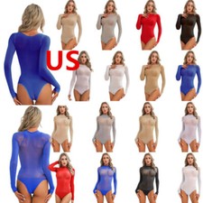 Womens Leotard Glossy Mesh Semi See-through One Piece Round Neck Long Sleeve