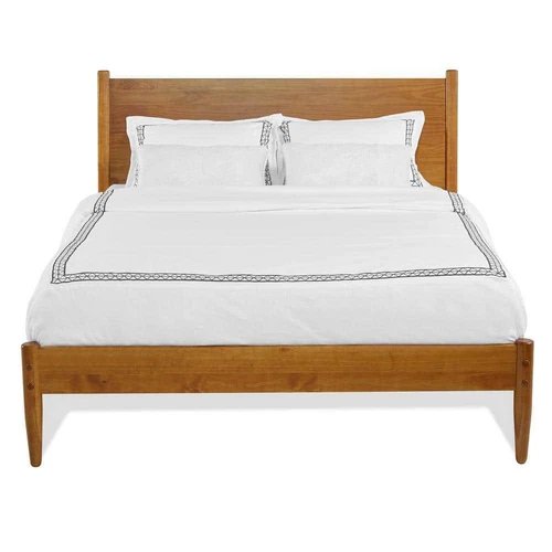 Queen Size Mid-Century Platform Bed Frame Solid Wood Panel Headboard Modern Slat