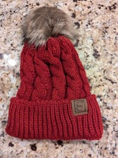 C.C Thick Cable Knit Faux Fuzzy Fur Pom Cap Cuff Beanie Red