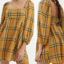 Urban Outfitters Yellow Black Plaid Fit & Flare Puff Sleeve Midi Dress Women's S