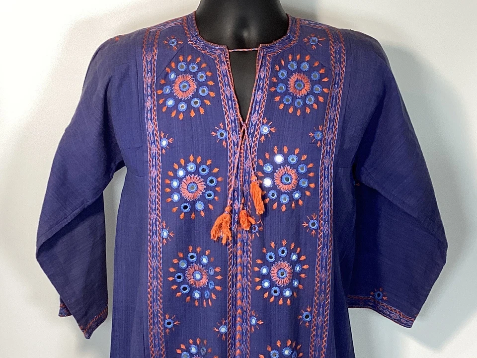 Vestido boho hippie vintage años 70 índigo espejado caftán Foto 2 de 4