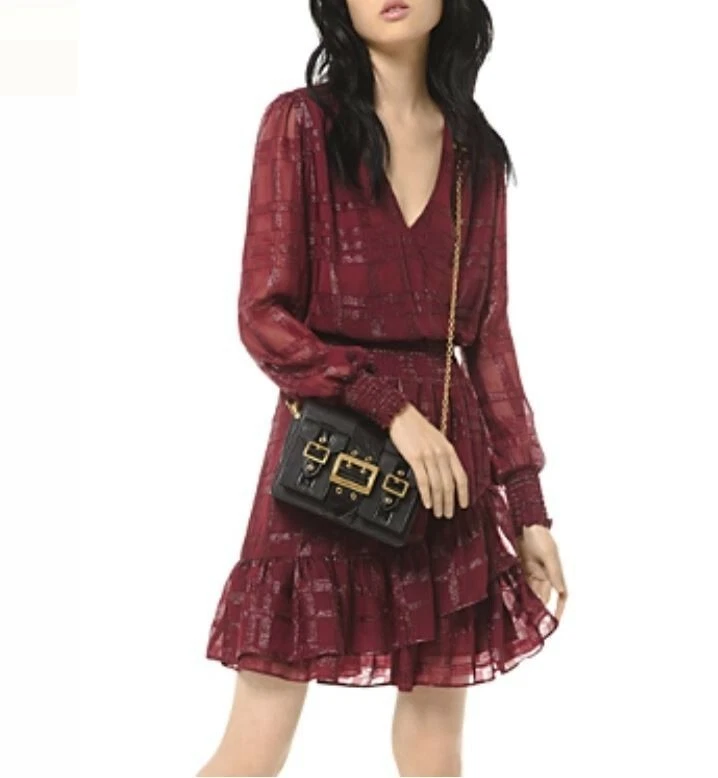 MICHAEL Michael Kors Shiny Plaid Smocked Dress Dark Brandy XS