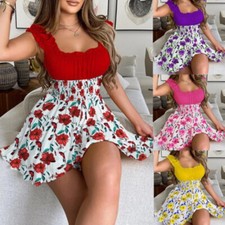 Womens Floral Boho Mini Dress Ladies Summer Beach Holiday Sleeveless Sundress