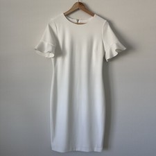 CALVIN KLEIN Womens White Lined Ruffle Flounce Sleeve Sheath Dress 8