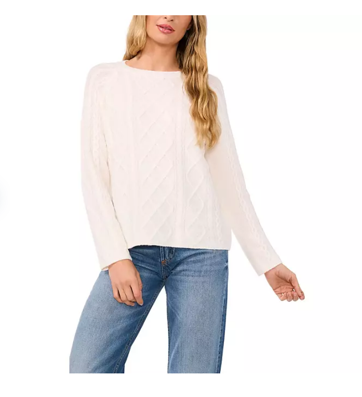 Vince Camuto Women's Warm Cozy Pullover Crew Neck Cable Sweater White XL