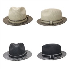 Men Women Summer Straw Pork Pie Hat Classic Short Brim Fedora Panama Sun Hat