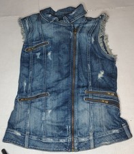 Guess Distressed Designer Denim Vest W/ 4 Pocket Zipper Women's Sz Medium