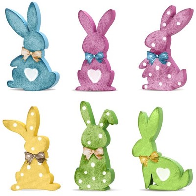 6 Pcs Easter Bunny Wooden Signs, Rabbit Shape Table Decor With Jute Rope and Hai