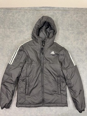 Adidas Jacket Mens Small Gray Primegreen Hooded Puffer Insulated Zip 3 Stripes
