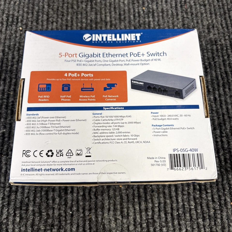 Intellinet 561792 V2 IPS‑05G‑40W 5‑Port Gigabit Ethernet PoE+ Switch NEW - Image 2 of 3