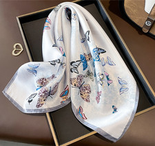 100 Mulberry Silk Scarf Neckerchief 53X53cm White leaf Print Shawl Bandana wrap